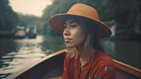Female passenger on a boat in Asia, Generative AIの素材