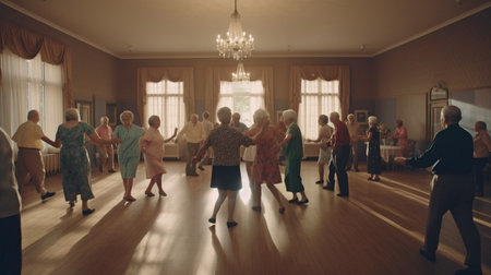 Full-length image of a group of elderly people dancing and enjoying activities inside a retirement home, Generative AIの素材