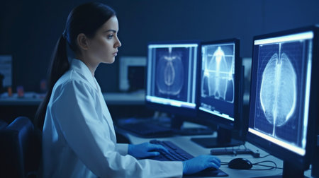Heart ultrasound examination done by a female doctor with a happy patient., Generative AIの素材