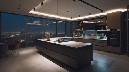 Panorama of a beautiful and modern residence with a luxury kitchen and a wide kitchen island in one enormous room with a panoramic night city view, generated using Generative AI.の素材