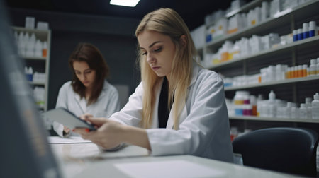 Modern Pharmacy Drugstore with Shelves Full of Modern Medicine, Drugs, Vitamin Boxes, Supplements, Professional Pharmacist Working at Checkout Counter in the Background, Generative AI.の素材