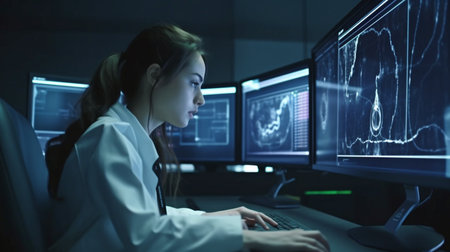 Heart ultrasound examination done by a female doctor with a happy patient., Generative AIの素材