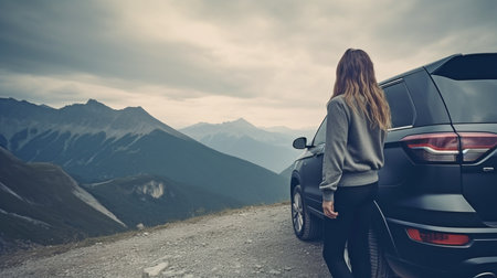 A young lady traveler stands alongside her car, admiring a lovely mountain vista as she drives on vacation. Generative AIの素材
