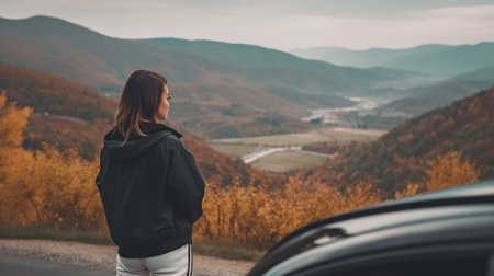 A young lady traveler stands alongside her car, admiring a lovely mountain vista as she drives on vacation. Generative AIの素材