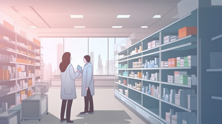 Modern Pharmacy Drugstore with Shelves Full of Modern Medicine, Drugs, Vitamin Boxes, Supplements, Professional Pharmacist Working at Checkout Counter in the Background, Generative AI.の素材