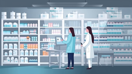 Modern Pharmacy Drugstore with Shelves Full of Modern Medicine, Drugs, Vitamin Boxes, Supplements, Professional Pharmacist Working at Checkout Counter in the Background, Generative AI.の素材