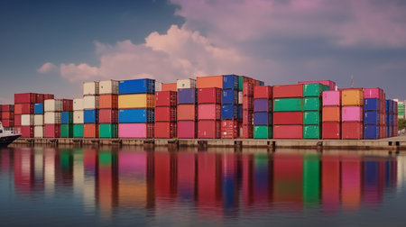 Generative AI, multicolored containers at a portの素材