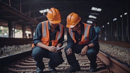 Railway engineer team wearing safety clothing and helmet under train inspection, Generative AIの素材