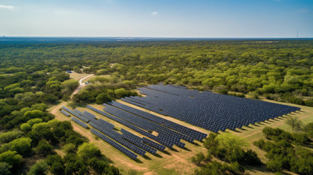 On hundreds of acres, a field of solar panels with an energy storage station positioned in the midst of a solar cell panel, Generative AIの素材