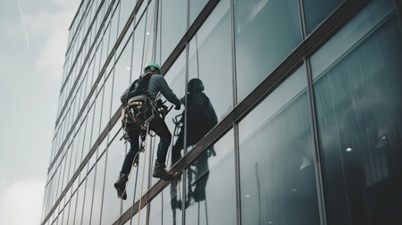 Industrial mountaineer worker washing outside faÃ§ade glazing, hanging over building, Generative AIの素材