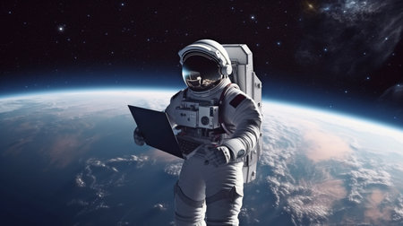 Astronaut with laptop, standing on a lonely planet, gazing out at the great universe, gorgeous cosmos, Generative AIの素材