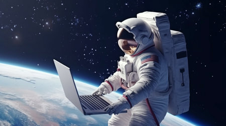 Astronaut with laptop, standing on a lonely planet, gazing out at the great universe, gorgeous cosmos, Generative AIの素材