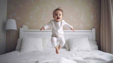 Generative AI baby jumps on the bedの素材