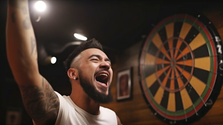 Generative AI depicts a happy multiracial man playing darts as a concept of goal achievement.の素材
