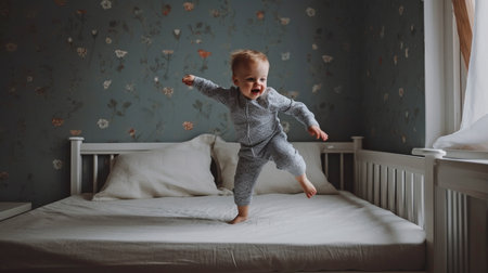 Generative AI baby jumps on the bedの素材