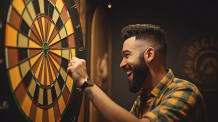 Generative AI depicts a happy multiracial man playing darts as a concept of goal achievement.の素材