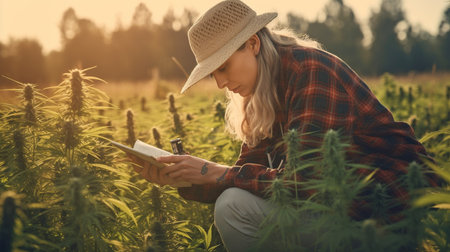 Marijuana investigation, Female scientist inspecting plants and blooms in a hemp field, alternative herbal medicine concept, Generative AIの素材