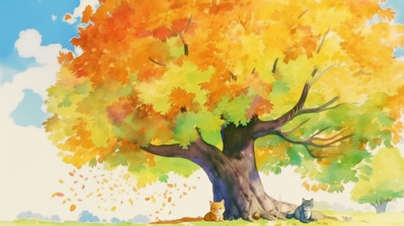 Full autumn, beautiful light, blue sky, central park, painting, Generative AI, cats are under a large mable treeの素材