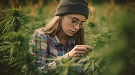 Marijuana investigation, Female scientist inspecting plants and blooms in a hemp field, alternative herbal medicine concept, Generative AIの素材