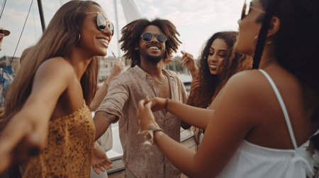 Multiethnic friends have a good time dancing together at an outdoor boat party, thanks to Generative AI.の素材