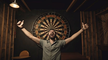 Generative AI depicts a happy multiracial man playing darts as a concept of goal achievement.の素材