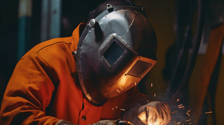 Generative AI, gouging welding spark fire industrial welder wear safety protective mask building repair tank oilの素材