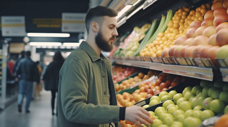 Generative AI shows a handsome man purchasing nutritious food and beverages at a modern supermarket or grocery shop.の素材