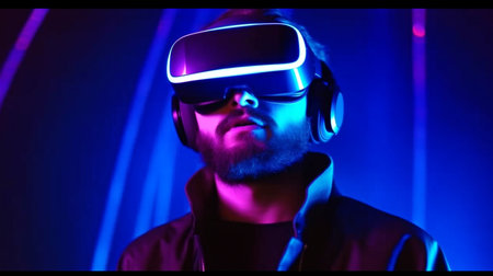 Model young man with beard wearing virtual reality glasses. Future technologies, augmented reality, Generative AIの素材