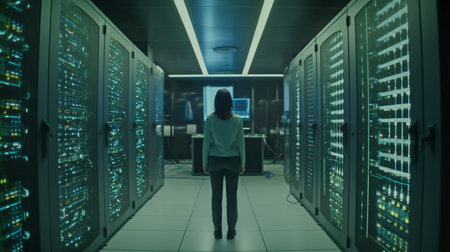 Generative AI, female technician working in server roomの素材