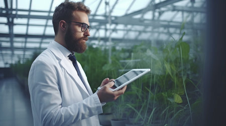 Generative AI scientist holding tablet in greenhouse staring out windowの素材