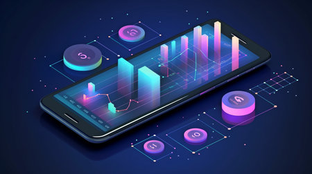Smartphone application with business graph and analytics data on isometric mobile phone, Generative AIの素材