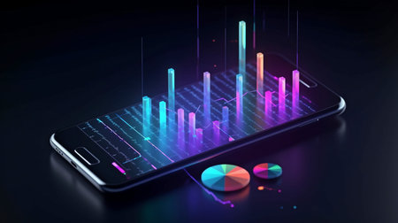 Smartphone application with business graph and analytics data on isometric mobile phone, Generative AIの素材