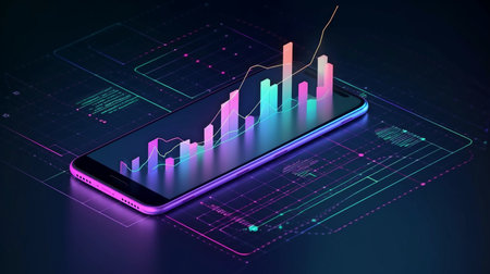 Smartphone application with business graph and analytics data on isometric mobile phone, Generative AIの素材