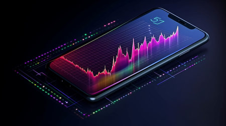Smartphone application with business graph and analytics data on isometric mobile phone, Generative AIの素材