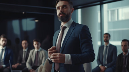 A Business Executive Speaks to a Group of Successful Technology Entrepreneurs. Generative AI Consultant and Advisorの素材