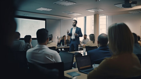 A Business Executive Speaks to a Group of Successful Technology Entrepreneurs. Generative AI Consultant and Advisorの素材