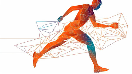 runner's legs form lines and triangles on a white backdrop, point linking network, Generative AIの素材