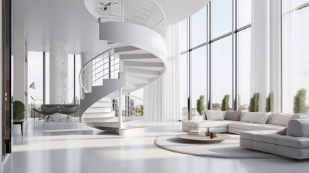 White modern luxury residence with spiral staircase and living room, as well as Generative AIの素材