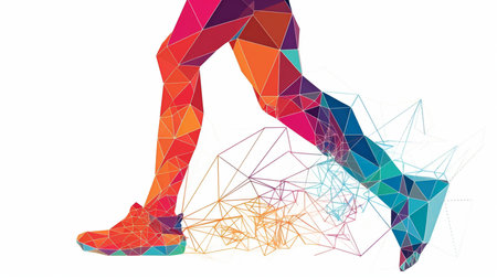 runner's legs form lines and triangles on a white backdrop, point linking network, Generative AIの素材
