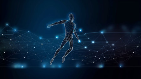 Abstract running guy with lines and triangles on a dark blue backdrop, point linking network, Generative AIの素材