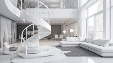 White modern luxury residence with spiral staircase and living room, as well as Generative AIの素材