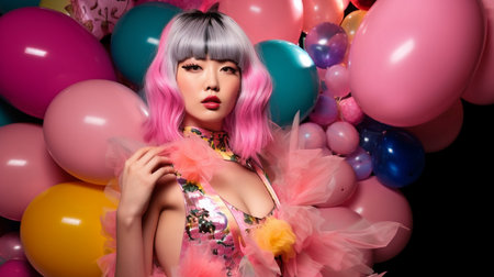 Photograph of a lovely Asian woman wearing a stylish wig, princess hair cut, head and shoulders, Generative AIの素材