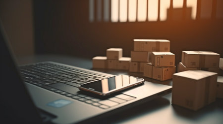 Online shopping, online purchases, and e-commerce idea, contemporary mobile phone with buy button on screen and shopping cart, Generative AIの素材