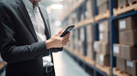 Digital in the warehouse, Manager manages processes using a smartphone, and Generative AIの素材