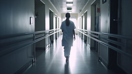 Generative AI, Female Doctor Walking Through Hospital Hallwayの素材