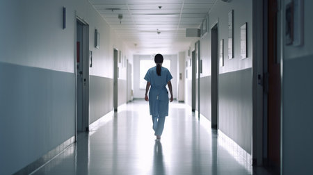 Generative AI, Female Doctor Walking Through Hospital Hallwayの素材