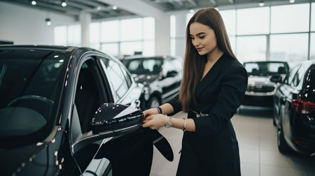 Generative AI woman receives keys to her new automobile from the dealerの素材