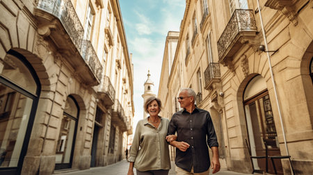 A modern American couple in their fifties is viewed from the knees up, happy and strolling across the city, Generative AI.の素材
