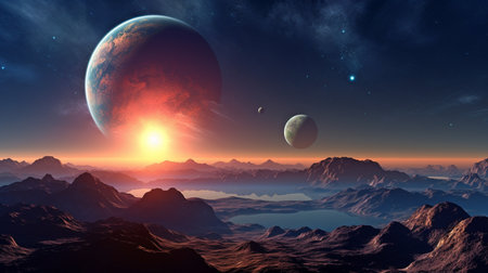 Generative AI, sunrise over a collection of planets in spaceの素材