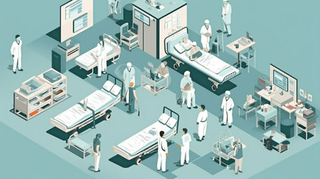 Isometric representation of medical personnel and patients, Generative AIの素材